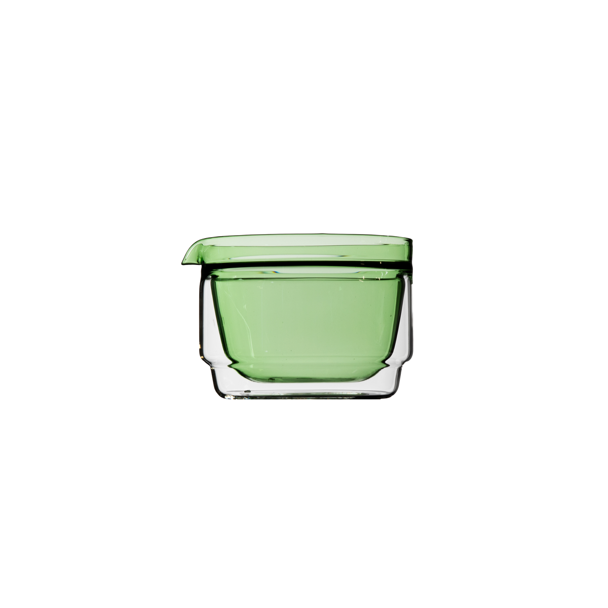 A green translucent double-walled glass bowl with a small pouring spout, shown on a plain white background.