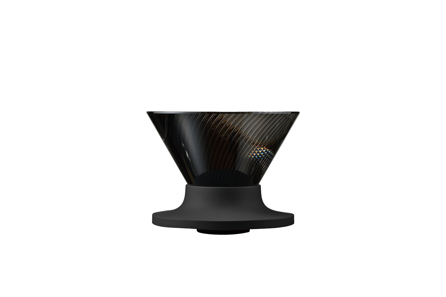 A transparent black cone shaped coffee dripper with a black silicone base on a white background.