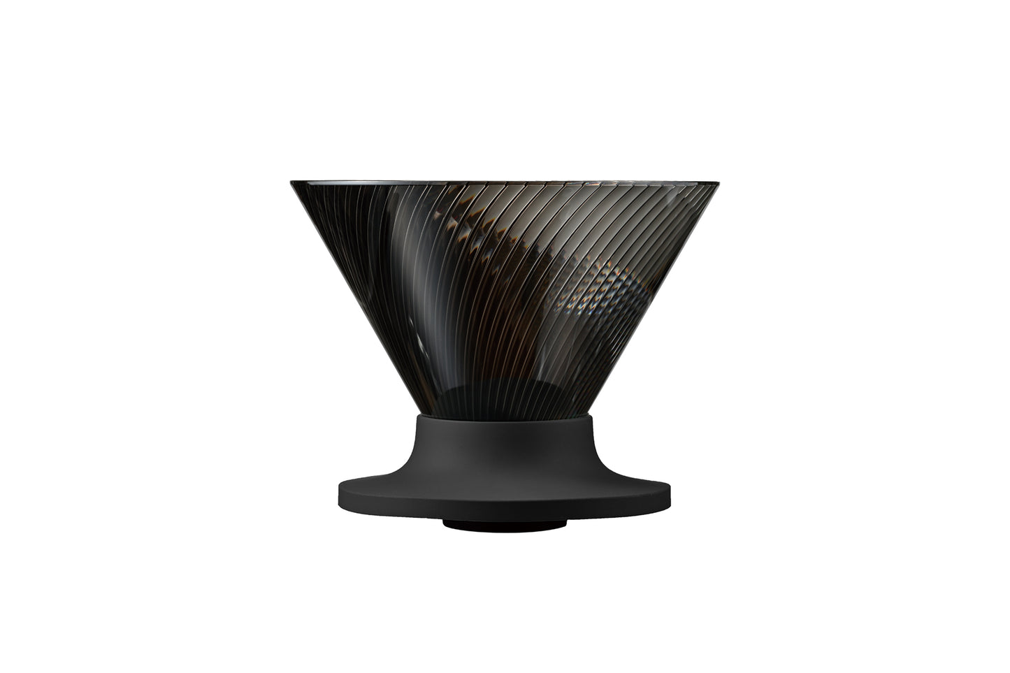 A transparent black cone shaped coffee dripper with a black silicone base on a white background.
