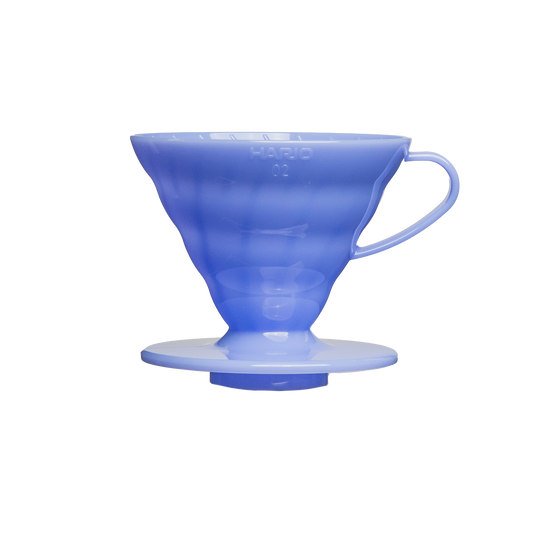 Cone-shaped coffee dripper in opaque blue-purple plastic with handle and a circular base.