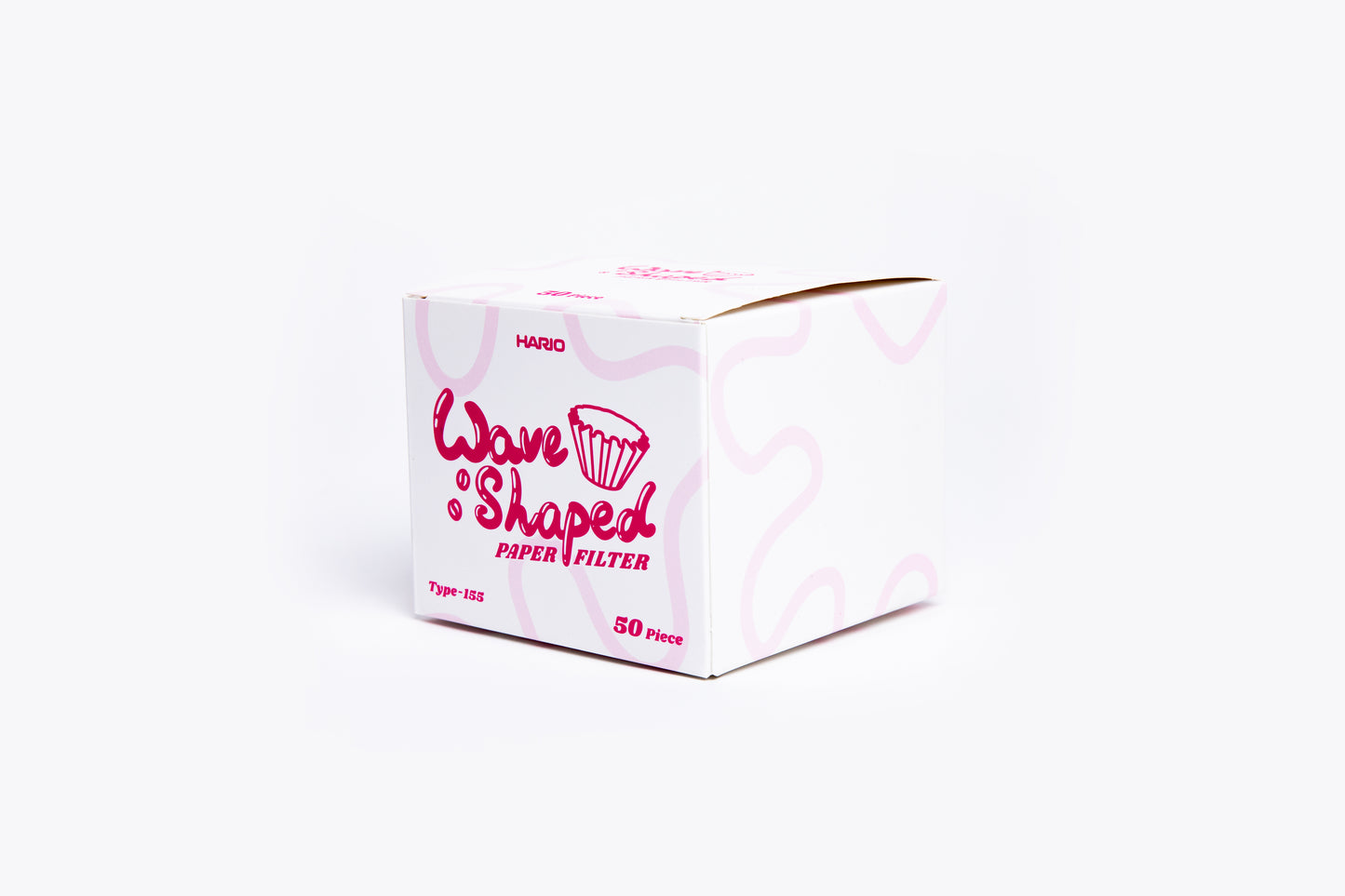 Box of wave-shaped paper filters with pink text on a white background