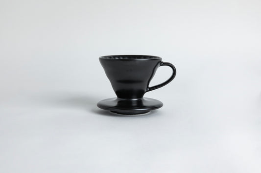 matte black cone shaped ceramic coffee dripper with handle and round base. Spiral ribbed on the inside cone. Set on light gray background
