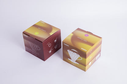 Top view of the product box in brown and yellow set on a white background