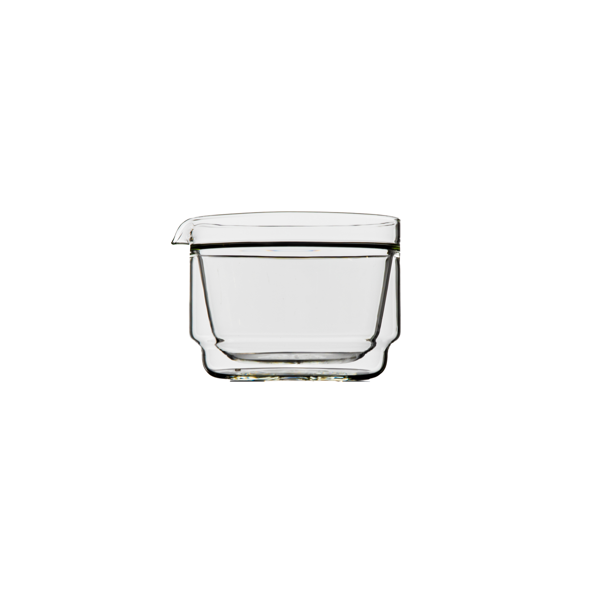 A clear double-wall glass bowl with a square shape and a small pouring spout on the left side, shown against a plain white background.