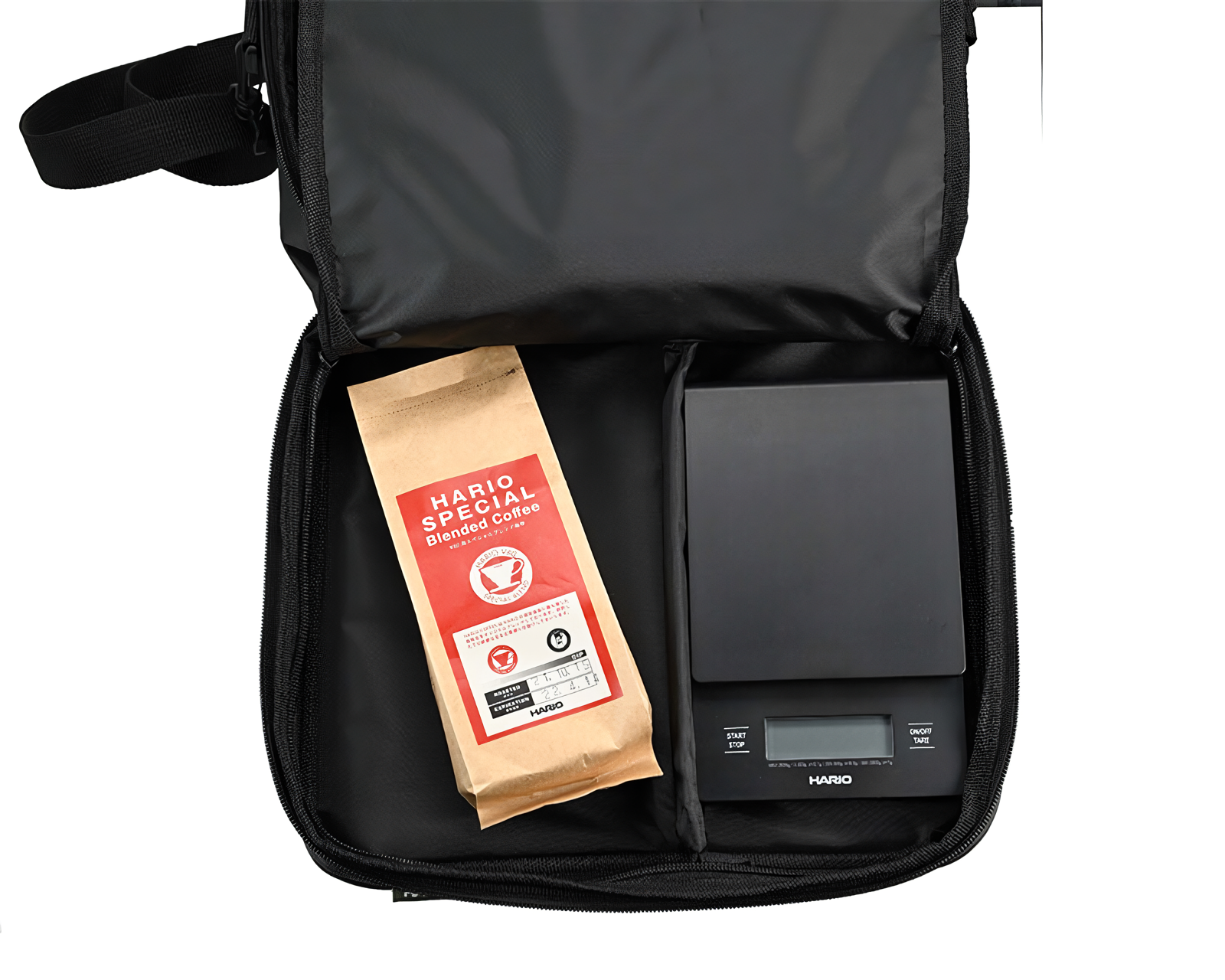 Opened black bag with two compartments for bag of coffee and HARIO black drip timer scale. Set on white background 
