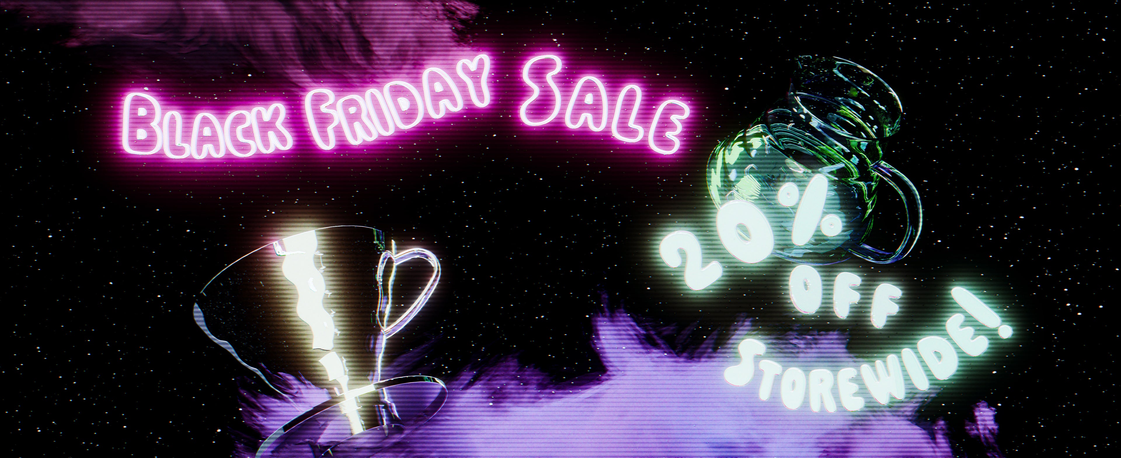 Chrome coffee dripper and glass server in space with glowing text overlayed reading "Black Friday Sale, 20 Percent off Storewide!"