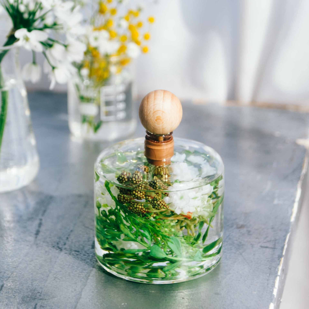 Round glass infuser with essential oils and diffusing plants inside and a natural wood wand with round knob, sitting on a grey table outside with a glass flask and beaker with yellow and white flowers in the background.
