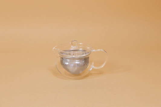 All glass round tea pot with flared top, all glass lid and handle, Metal mesh filter basket insert.