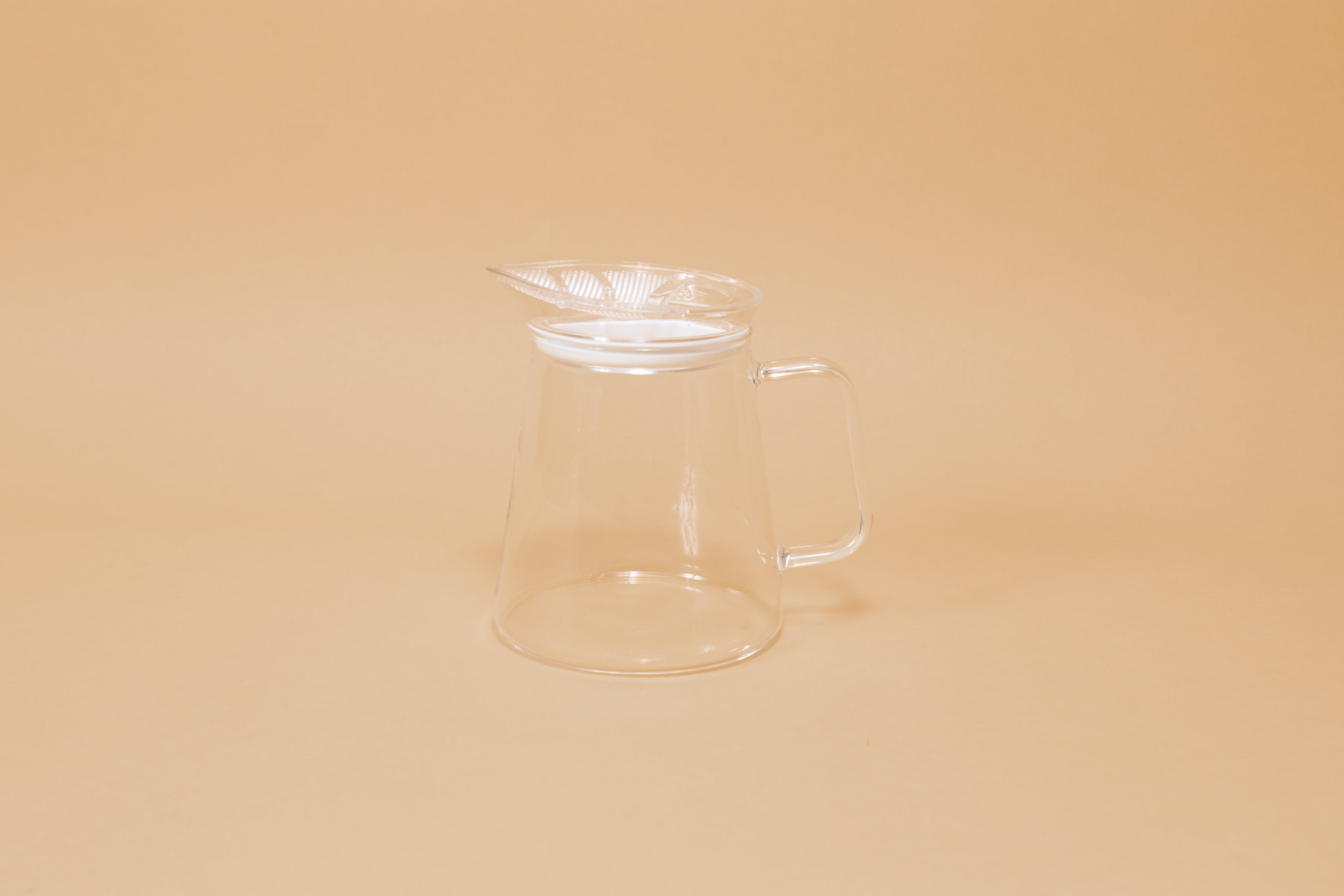 Clear all glass server with handle and clear plastic lid with perforations and white gasket