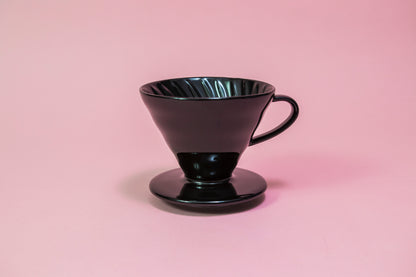 Black conical ceramic coffee dripper with handle and round base.