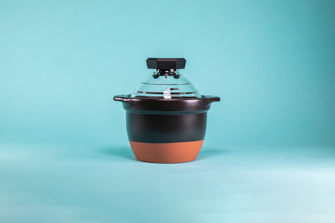 Black ceramic rice cooker with clay-colored powder coated bottom, glass lid, and black plastic lid knob.