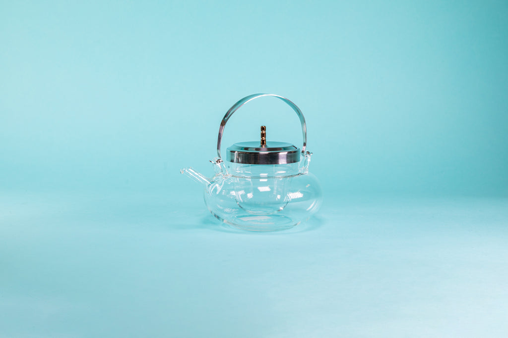 Elegant glass sake teapot with glass insert and metal lid and handle with decorative engraving set against a light blue background.