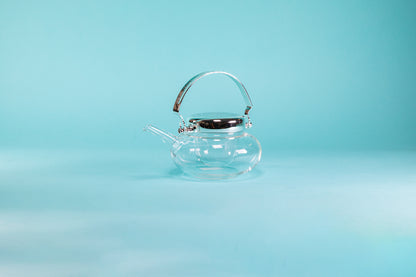 Elegant glass sake teapot with glass insert and metal lid and handle with decorative engraving set against a light blue background.