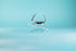 Elegant glass sake teapot with glass insert and metal lid and handle with decorative engraving set against a light blue background.