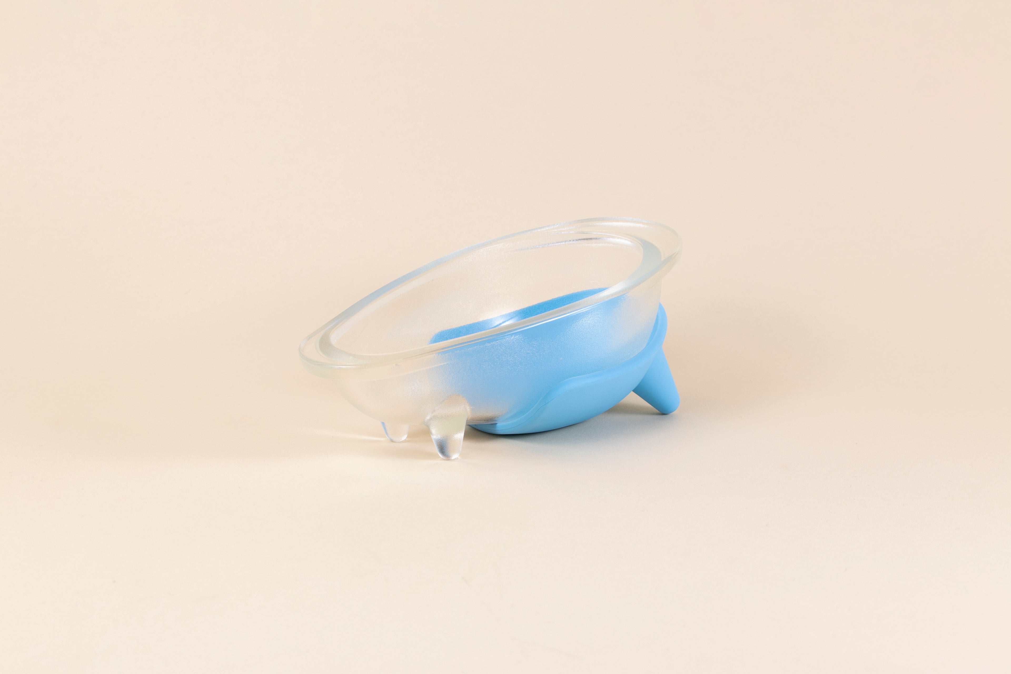 Glass dog bowl shaped like a bathtub with mint blue silicone non-slip mat.