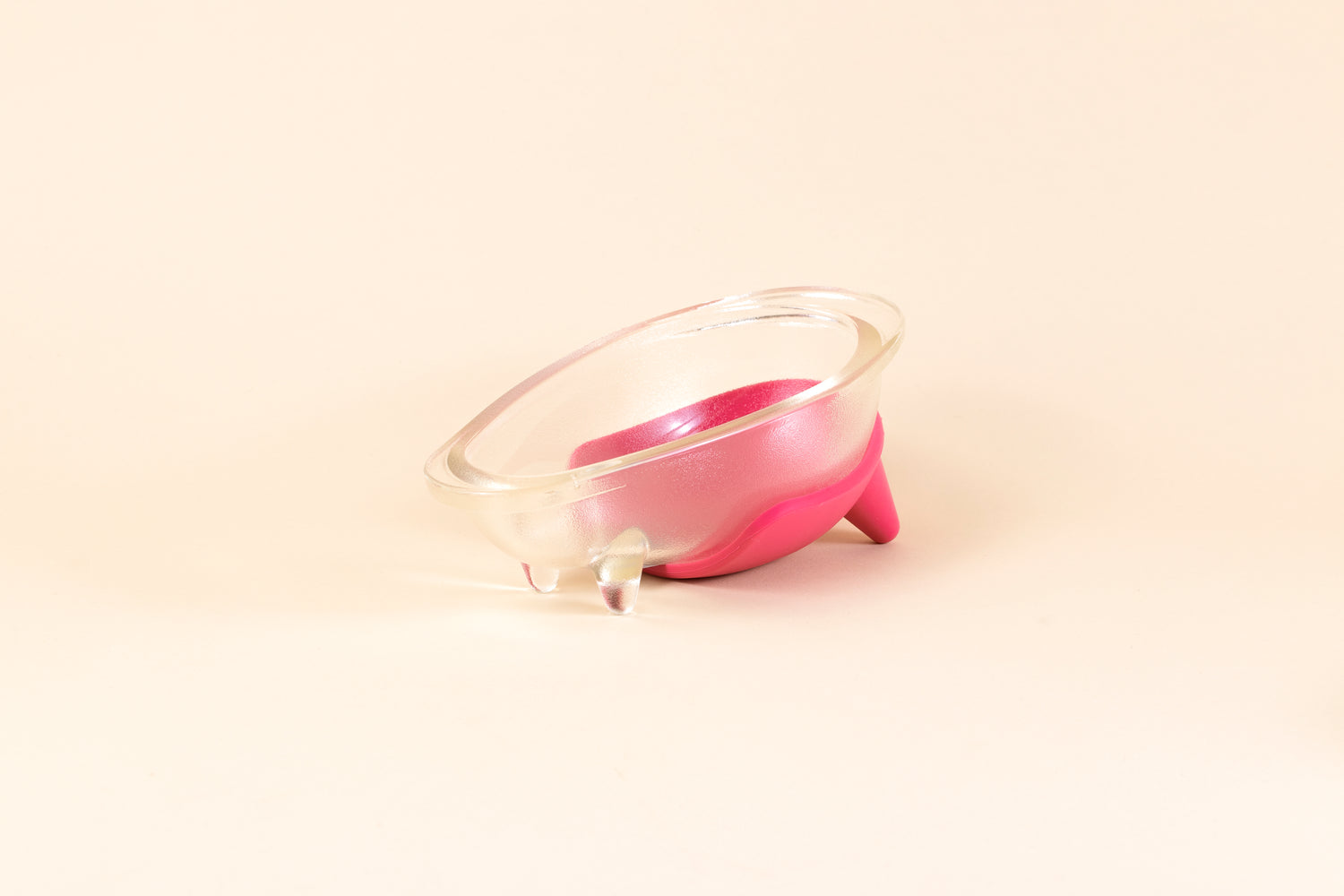 Glass dog bowl shaped like a bathtub with pink silicone non-slip mat.