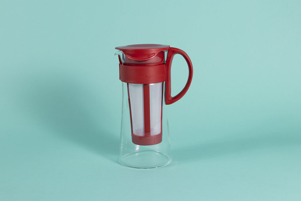 Short glass server with white nylon mesh coffee filter insert and red plastic handle and lid.