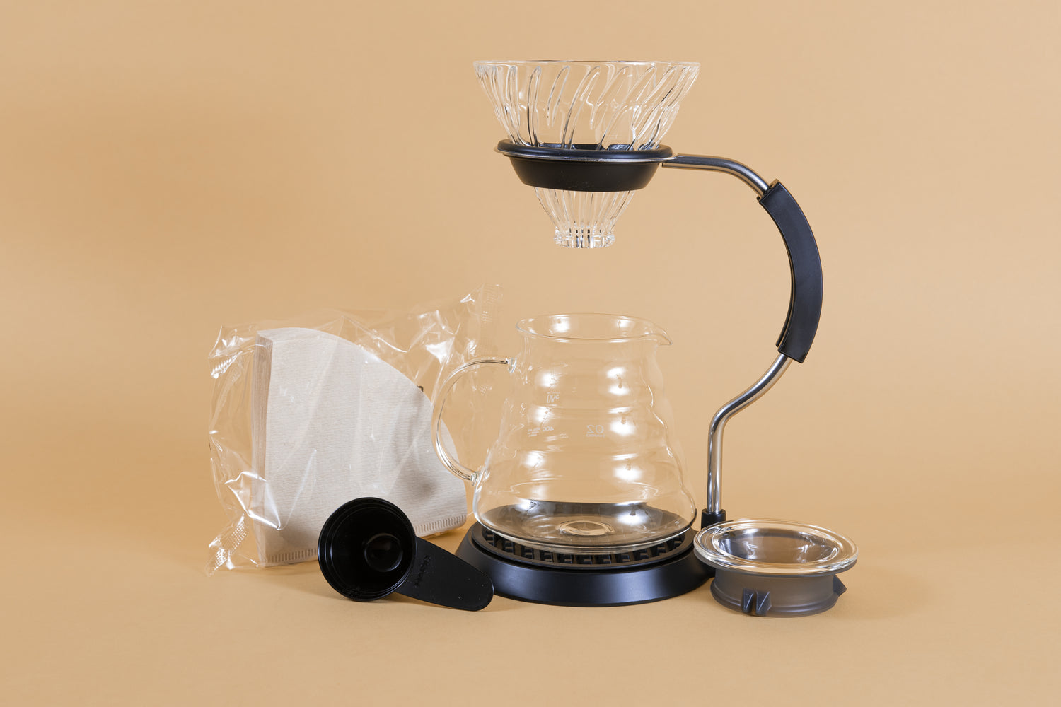 Hario Pour Over Starter Set with Dripper, Glass Server Scoop and Filters,  Size 02, Black